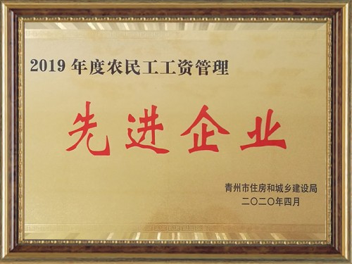 2019年度农民工工资管理 先 进 企业
